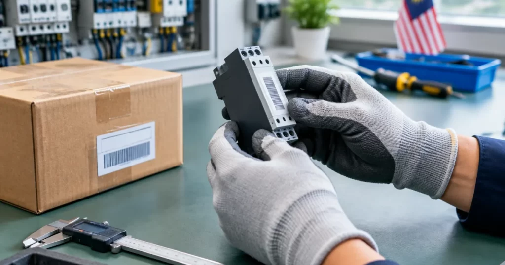 Technician inspecting an industrial automation component on a workbench for authenticity checks in Malaysia procurement workflow.