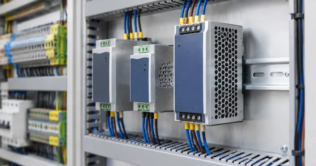 Open control panel showing DIN rail power supplies and wiring layout for selecting power supplies in Malaysia.