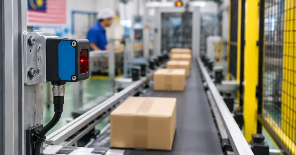 Industrial sensor mounted on a conveyor line illustrating reliability considerations for Malaysian factories.