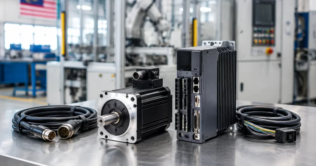 Servo motor and drive prepared for installation representing Panasonic servo sourcing considerations in Malaysia.