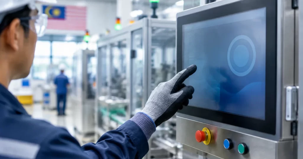 Operator using an industrial touchscreen HMI illustrating 2026 HMI selection trends for Malaysian OEMs.